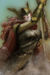 1girl closed_mouth commentary elden_ring helmet highres holding holding_sword holding_weapon long_hair malenia_blade_of_miquella mechanical_arms prosthesis prosthetic_arm red_hair revision single_mechanical_arm solo sword visor_(armor) weapon winged_helmet zorb11s