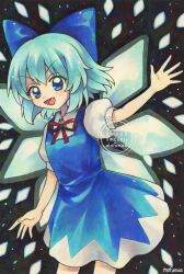 1girl artist_name blue_bow blue_dress blue_eyes blue_hair blush bow cirno collared_shirt commentary dated detached_wings dress hair_bow hashtag-only_commentary highres ice ice_wings looking_at_viewer maa_(forsythia1729) medium_hair neck_ribbon open_mouth pinafore_dress puffy_short_sleeves puffy_sleeves ribbon shirt short_sleeves sleeveless sleeveless_dress smile solo touhou traditional_media twitter_username watermark white_shirt wings