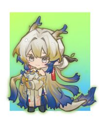 1girl arknights bare_shoulders blonde_hair blue_background blue_eyes blue_hair border chibi chibi_only chinese_commentary closed_mouth colored_extremities commentary_request dragon_bubble_(arknights) dragon_girl dragon_horns dragon_tail earrings full_body gradient_background green_background grey_hair grey_jacket hair_intakes highres holding horns jacket jewelry light_smile linjiangshasha long_hair long_sleeves looking_down multicolored_hair necklace off_shoulder outside_border pointy_ears red_pupils shu_(arknights) solo standing tail very_long_hair white_border