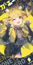 1girl ;3 absurdres animal_ear_fluff animal_ears black_gloves black_shorts blonde_hair blush claw_pose collared_shirt commentary_request cropped_jacket fang gloves grey_shirt hands_up high-waist_shorts highres jacket ju_fufu long_hair looking_at_viewer one_eye_closed open_clothes open_jacket open_mouth shirt short_shorts shorts smile striped_hair sushispin tail tiger_ears tiger_girl tiger_tail yellow_jacket zenless_zone_zero