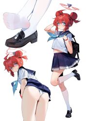 Rule 34 | 1girl, absurdres, ahoge, ass, black shoes, blue archive, blue neckerchief, blue sailor collar, blue skirt, commentary, double bun, feet, from behind, hair bun, highres, loafers, looking at viewer, maki (blue archive), multiple views, neckerchief, painterliuhao, panties, pleated skirt, red hair, sailor collar, school uniform, serafuku, shoes, simple background, skirt, socks, soles, standing, standing on one leg, toes, underwear, white background, white panties, white socks