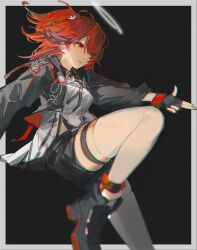 1girl arknights black_gloves black_jacket black_shoes black_shorts breasts exusiai_(arknights) exusiai_the_new_covenant_(arknights) fingerless_gloves gloves halo highres jacket long_sleeves medium_breasts open_mouth openvl red_eyes red_hair shirt shoes shorts solo thigh_strap thighhighs white_halo white_shirt white_thighhighs