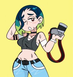 1girl armband bare_shoulders billspooks black_armband black_choker blue_hair bob_cut breasts brown_eyes camera choker collarbone commentary crop_top denim english_commentary gradient_hair grey_shirt half-closed_eye highres holding holding_camera jeans loose_hair_strand medium_breasts midriff multicolored_hair nintendo off-shoulder_shirt off_shoulder one_eye_closed pants perrin_(pokemon) pokemon pokemon_sv raised_eyebrows ribbed_shirt shirt short_hair sleeveless sleeveless_shirt sweat undershirt v-neck watch wristwatch yellow_background