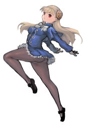 Rule 34 | 1girl, black shoes, blonde hair, blue jacket, blue skirt, brown pantyhose, capcom fighting jam, commentary request, gloves, hairpods, highres, ingrid (capcom), jacket, johan (johan13), long hair, long sleeves, mary janes, neck ribbon, pantyhose, petticoat, red eyes, ribbon, shoes, skirt, solo, white gloves, white ribbon