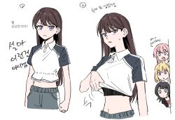 4girls akni bang_dream! bang_dream!_it&#039;s_mygo!!!!! black_hair blonde_hair blue_eyes breasts chihaya_anon clothes_lift commentary_request crop_top fang grey_eyes korean_commentary korean_text long_hair medium_breasts midriff misumi_uika mole mole_under_eye multiple_girls navel open_mouth pink_hair purple_eyes shiina_taki shirt shirt_lift short_sleeves sweatdrop translation_request white_shirt yahata_umiri