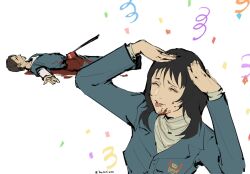 1boy 1girl ah_eto..._bleh_(meme) anya_(mouthwashing) axe black_hair blood blood_on_clothes blood_on_face brown_hair closed_eyes closed_mouth confetti death green_shirt hair_between_eyes highres jimmy_(mouthwashing) jumpsuit kurorium long_hair meme mouthwashing shirt short_hair simple_background sketch striped_clothes striped_shirt tongue tongue_out twitter_username white_background x_x