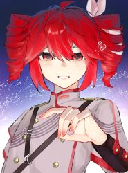 1girl ahoge bo4turtle buttons commentary double-breasted drill_hair grey_jacket hair_ribbon highres jacket kasane_teto kasane_teto_(sv) nail_polish portrait red_eyes red_hair red_nails ribbon sky smile solo star_(sky) starry_sky synthesizer_v twin_drills upper_body utau white_ribbon