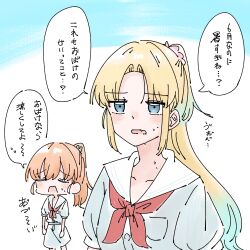 2girls alternate_hairstyle blonde_hair blue_eyes blue_hair breast_pocket curtained_hair d: dress fang flower frown gradient_hair grey_dress hair_flower hair_ornament highres hinoshita_kaho hot jitome link!_like!_love_live! long_hair love_live! momiji_(moj_0404) multicolored_hair multiple_girls neckerchief open_mouth orange_hair osawa_rurino parted_bangs pink_flower pocket ponytail puffy_short_sleeves puffy_sleeves rabbit_hair_ornament raised_inner_eyebrows red_neckerchief sailor_collar sailor_dress short_sleeves simple_background skin_fang speech_bubble standing summer_uniform sweat translation_request virtual_youtuber white_background white_sailor_collar