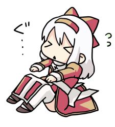 &gt;_&lt; 1girl back_bow bow brown_shoes chibi chibi_only closed_eyes commentary_request dress exercising flying_sweatdrops full_body hair_bow hairband high_priest_(ragnarok_online) juliet_sleeves long_sleeves open_mouth porinu puffy_sleeves ragnarok_online red_bow red_dress red_hairband sash shoes simple_background sit-up sitting solo thighhighs two-tone_dress white_background white_bow white_dress white_sash white_thighhighs