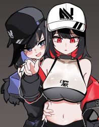 Rule 34 | 2girls, absurdres, bare shoulders, baseball cap, black hair, black hat, black jacket, black survival, breasts, debi (after school) (black survival), debi (black survival), eternal return: black survival, grey background, hair between eyes, hat, highres, jacket, large breasts, long hair, looking at viewer, marlene (after school) (black survival), marlene (black survival), multicolored hair, multicolored jacket, multiple girls, navel, purple hair, purple jacket, red eyes, red hair, red jacket, siblings, simple background, twins, two-tone hair, two-tone jacket, white hat, wldrnbag 19