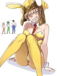 1girl 3boys absurdres acqua_of_the_back alternate_costume animal_ears bare_shoulders between_breasts blonde_hair blue_eyes blue_leotard blue_pantyhose breasts brown_hair clenched_teeth commentary detached_collar ebora embarrassed english_commentary fake_animal_ears fiamma_of_the_right glaring god&#039;s_right_seat green_hair green_leotard green_pantyhose habit highres knees_up large_breasts leotard looking_at_viewer male_playboy_bunny multiple_boys muscular muscular_male necktie necktie_between_breasts pantyhose rabbit_ears red_hair red_leotard red_necktie red_pantyhose short_hair sitting teeth terra_of_the_left toaru_majutsu_no_index vent_of_the_front white_background white_wrist_cuffs wrist_cuffs yellow_leotard yellow_pantyhose