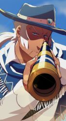Rule 34 | 1boy, absurdres, aiming, aiming at viewer, aquiline nose, blue eyes, blue hat, blue shawl, blue sky, catovyen, classicaloid, commentary, cowboy, cowboy hat, cowboy western, english commentary, facial hair, fingernails, goatee stubble, gun, hat, highres, holding, holding gun, holding weapon, johann sebastian bach (classicaloid), looking at viewer, male focus, mature male, mouth hold, mustache stubble, nose, outdoors, ponytail, rifle, shaded face, shawl, shirt, sky, solo, stalk in mouth, stubble, upper body, v-shaped eyebrows, weapon, western, white shirt