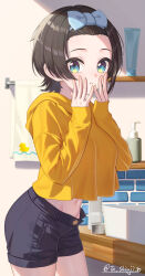 1girl absurdres alternate_costume bathroom black_hair black_shorts blue_eyes blue_hairband bow_hairband breasts closed_mouth commentary_request day hairband hands_on_own_face hands_up highres hololive hood hoodie indoors large_breasts looking_at_viewer navel oozora_subaru open_fly short_hair short_shorts shorts sleeves_past_wrists solo swimsuit ta_shiuji30 virtual_youtuber yellow_hoodie