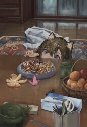1girl absurdres animal_ears blue_eyes cat_ears food fruit highres katamimi123 orange_(fruit) origami original paper_crane solo teapot tissue_box
