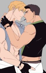 Rule 34 | 2boys, adam&#039;s apple, ao isami, bara, black hair, blonde hair, couple, cowboy shot, face-to-face, facial hair, from side, groin, hand on another&#039;s neck, hand on another&#039;s waist, highres, large pectorals, lewis smith, looking at viewer, male focus, midriff, miwanhachi, multiple boys, muscular, muscular male, necklace in mouth, official alternate costume, pectoral cleavage, pectorals, sideburns stubble, sideways glance, standing, stubble, thick eyebrows, yaoi, yuuki bakuhatsu bang bravern