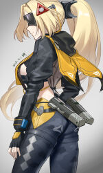 Rule 34 | 1girl, absurdres, ass, black gloves, black pants, black shirt, blonde hair, breasts, cowboy shot, eye mask, fingerless gloves, gloves, grey background, hair ornament, highres, juliet sleeves, large breasts, leggings, long hair, long sleeves, midriff, pants, ponytail, profile, puffy sleeves, shirt, solo, standing, trigger (zenless zone zero), very long hair, wangqi, zenless zone zero
