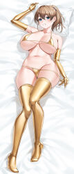 1girl absurdres arm_up bare_shoulders bed_sheet bikini bikini_bottom_pull breasts brown_hair elbow_gloves full_body gloves gold_bikini gold_gloves gold_thighhighs hair_between_eyes hair_intakes head_on_pillow highres intrepid_(kancolle) kantai_collection large_breasts looking_at_viewer lying micro_bikini mokuren_(mozukukirai88) navel on_back on_bed pillow ponytail soles solo stomach swimsuit