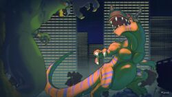 Rule 34 | arczent, artist name, bird, building, character request, claws, colored skin, digimon, digimon: the movie, digimon (creature), digimon adventure, digimon adventure (1999 movie), dinosaur, greymon, highres, horns, looking at another, night, open mouth, orange skin, red eyes, sharp teeth, skyscraper, teeth, tree