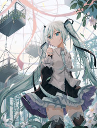 1girl backlighting black_sleeves black_thighhighs detached_sleeves dome female_focus flower garden green_eyes green_hair grey_shirt hair_ribbon hatsune_miku iuyu_(pixiv_32066694) long_hair looking_to_the_side necktie ribbon shirt skirt sleeveless sleeveless_shirt sleeves_past_wrists solo thighhighs twintails very_long_hair vocaloid