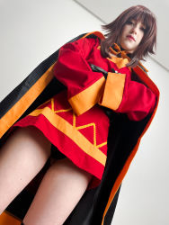 Rule 34 | 1girl, absurdres, asymmetrical legwear, black cape, black gloves, black panties, black socks, blunt bangs, brown hair, cape, cosplay, cosplay photo, cowboy shot, crossed arms, dress, dutch angle, eyeliner, from below, gloves, gluteal fold, highres, kneehighs, kono subarashii sekai ni shukufuku wo!, lips, long sleeves, looking at viewer, looking down, makeup, medium hair, megumin, megumin (cosplay), mismatched legwear, panties, pantyshot, photo (medium), red dress, red eyes, sidelocks, single kneehigh, single sock, socks, standing, stelarhoshi, underwear, upskirt, wall