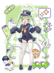 1girl absurdres alternate_costume armband black_hat black_sailor_collar black_serafuku black_shirt black_shoes blue_archive blue_armband blush chierishu commentary demon_tail fang full_body green_hair green_halo halo hat highres loafers long_hair looking_at_viewer miniskirt neckerchief nozomi_(blue_archive) open_mouth peaked_cap pleated_skirt pointy_ears sailor_collar school_uniform serafuku shirt shoes skin_fang skindentation skirt sleeves_past_fingers sleeves_past_wrists smile solo tail thighhighs thighs twintails very_long_hair white_thighhighs yellow_eyes yellow_neckerchief