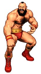 1boy :d abs absurdres beard brown_hair capcom capcom_vs_snk_2 claw_pose clenched_hand facial_hair full_beard game_cg highres leg_hair male_focus mohawk mori_toshiaki muscular muscular_male navel nipples non-web_source official_art open_mouth outstretched_hand pectorals shredded_muscles smile solo street_fighter teeth thick_chest_hair thick_thighs thighs third-party_source topless_male upper_teeth_only veins veiny_arms white_background wrestling_outfit wristband zangief