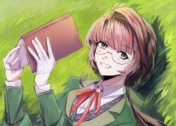 1girl akina_(akatsuki1218000) book bow brown_hair collared_shirt eyewear_strap glasses gloves green_eyes green_jacket grin hair_bow hands_up highres holding holding_book jacket kakania_(reverse:1999) looking_at_viewer low_ponytail lying neck_ribbon on_back on_grass ponytail red_ribbon reverse:1999 ribbon shirt smile solo upper_body white_gloves white_shirt