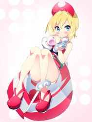 anklet blonde_hair blue_eyes blush blush_stickers bracelet commentary_request eyelashes full_body hairband highres holding_orb irida_(pokemon) jewelry lustrous_globe nintendo pokemon pokemon_legends:_arceus red_hairband red_shoes shoes short_hair sleeveless solo toconikky