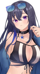 1girl absurdres bikini black_choker black_hair blue_jacket breasts choker cleavage eyewear_on_head front-tie_bikini_top front-tie_top hair_between_eyes halterneck highres ichinose_uruha ichinose_uruha_(summer_c102) jacket long_hair looking_at_viewer nakano_kura navel parted_bangs pendant_choker purple_eyes simple_background single_bare_shoulder single_off_shoulder solo star_pendant sunglasses swimsuit upper_body virtual_youtuber vspo! white_background
