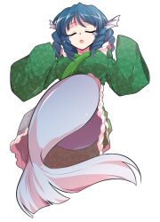 Rule 34 | 1girl, alphes (style), blue hair, blush, breasts, closed eyes, commentary request, crying, dairi, drill hair, fins, frilled kimono, frills, full body, green kimono, hands up, head fins, japanese clothes, kimono, large breasts, large variant set, mermaid, monster girl, open mouth, parody, solo, style parody, tears, touhou, transparent background, variant set, wakasagihime, wide sleeves