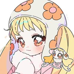 Rule 34 | 1girl, blonde hair, blush, brown eyes, character request, closed mouth, coat, commentary, copyright request, floral print, grey outline, hat, highres, mittens, outline, pink coat, portrait, print hat, simple background, smile, symbol-only commentary, white background, white hat, white mittens, yalmyu