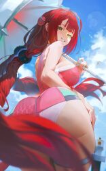 1girl ass blue_sky blurry braid braided_twintails breasts cloud cloudy_sky depth_of_field eyewear_on_head from_behind from_below green_eyes heart heart-shaped_eyewear highres holding holding_umbrella large_breasts long_hair looking_at_viewer looking_back low_twin_braids mixed-language_commentary official_alternate_costume one-piece_swimsuit paid_reward_available pink_one-piece_swimsuit red_hair sky smile solo swimsuit thighs twin_braids two-tone_one-piece_swimsuit ukinami_yuzuha ukinami_yuzuha_(tanuki_in_broad_daylight) umbrella white_one-piece_swimsuit yonesdraws zenless_zone_zero