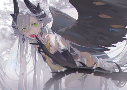 1girl absurdres bare_shoulders black_hands body_markings breasts candy colored_extremities demon_girl demon_horns fate/grand_order fate_(series) feathered_wings food green_eyes grey_hair highres horns lilith_(fate) lilith_(third_ascension)_(fate) lollipop long_hair looking_at_viewer rong_kui_baku solo tail wings