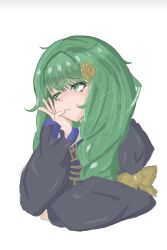 1girl closed_mouth drill_hair fe_feophelia fire_emblem fire_emblem:_three_houses flayn_(fire_emblem) garreg_mach_monastery_uniform green_eyes green_hair hair_ornament hairclip highres long_hair long_sleeves nintendo solo twin_drills
