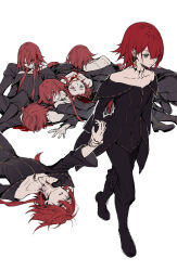 1other absurdres bare_shoulders black_boots boots clone collarbone crescent crescent_earrings crimson_(ragna_crimson) death earrings empty_eyes green_eyes hair_over_one_eye heterochromia highres jewelry long_hair neck_tattoo ragna_crimson red_eyes red_hair simple_background single_earring slit_throat strangulation_mark tattoo very_long_hair victima white_background wide_sleeves