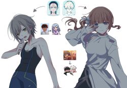4boys 6+girls alien_stage arrow_(symbol) black_tank_top blue_pants bow brown_hair chest_tattoo clothing_cutout colored_extremities commentary cosplay dewey_(alien_stage) english_commentary green_eyes grey_hair hair_bow hand_over_eye highres hinomori_shiho hinomori_shizuku holding holding_microphone hoshino_ichika_(project_sekai) hyuna_(alien_stage) hyuna_(alien_stage)_(cosplay) hyunwoo_(alien_stage) isaac_(alien_stage) long_hair luka_(alien_stage) luka_(alien_stage)_(cosplay) microphone miyotastic mochizuki_honami multiple_boys multiple_girls pants project_sekai shirt short_hair side_ponytail single_strap tank_top tattoo tenma_saki white_bow white_shirt
