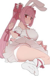 1girl animal_ears bare_shoulders blush bow breasts choker closed_mouth di_gi_charat dice dice_hair_ornament dress hair_ornament highres large_breasts long_hair looking_at_viewer off-shoulder_dress off_shoulder panties pink_hair rabbit_ears red_eyes ribbon ribbon_choker simple_background socks solo sumiyao_(amam) twintails underwear usada_hikaru white_background white_panties white_socks wrist_bow wrist_ribbon