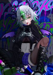 1girl absurdres apricot_the_lich apricot_the_lich_(goth) black_boots black_hoodie black_pants black_thighhighs boots breasts character_name copyright_name cropped_hoodie demon_girl demon_horns demon_wings green_eyes green_hair hair_ornament highres hood hoodie horns medium_breasts multicolored_hair multiple_horns pants purple_pants sakuta1221pc short_hair smile solo spray_can streaked_hair thighhighs tongue tongue_out virtual_youtuber vshojo wings x_hair_ornament