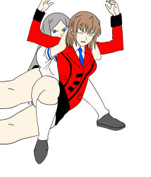 agent_aika aika_(series) aika_r-16 blue_eyes brown_hair dress kneehighs necktie sailor_dress shoes skirt socks white_delmo white_hair wrestling