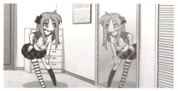 1girl artist_request bedroom blush breasts hand_on_knee hand_on_own_hip hand_on_own_knee highres hiiragi_kagami leaning_forward legs long_hair lucky_star mirror monochrome reflection shirt skirt small_breasts solo source_request thighs twintails