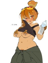 1girl ;d alternate_body_size armpit_crease bare_shoulders black_tank_top blush bottle breasts breasts_out brown_gloves brown_hair censored censored_nipples clothes_lift collarbone cookie_run cookie_run:_ovenbreak croissant_cookie dark-skinned_female dark_skin double-parted_bangs eyebrows_hidden_by_hair female_pubic_hair food-themed_hair gloves goggles goggles_on_head green_pants hair_between_eyes hair_bun hands_up highres holding holding_bottle humanization large_breasts lifting_own_clothes looking_at_viewer medium_breasts navel ohta_guk_hip one_eye_closed open_mouth orange_eyes pants plump pubic_hair shirt_lift short_hair simple_background single_hair_bun smile solo sweat tank_top water_bottle weight_gain white_background