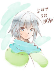 Rule 34 | 1girl, blue eyes, blue scarf, capelet, character name, chris (konosuba), closed mouth, dated, facial scar, green capelet, grey hair, happy birthday, highres, jas (kda10457), kono subarashii sekai ni shukufuku wo!, looking at viewer, scar, scar on cheek, scar on face, scarf, short hair, solo, upper body