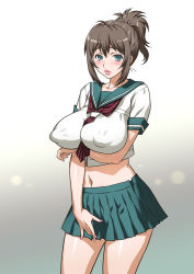 1girl arms_under_breasts breasts covered_erect_nipples highres joy_ride kyouko_wa_musuko_senyou_sei_gangu large_breasts lips lipstick makeup mature_female midriff mole mole_under_mouth nail_polish ponytail puffy_lips school_uniform skirt solo standing