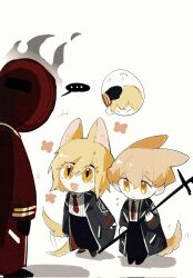 1boy 1girl 1other :d aislan animal_ears black_coat black_gloves black_pants blonde_hair chibi coat collared_shirt dante_(limbus_company) dog_boy dog_ears dog_girl dog_tail don_quixote_(project_moon) fangs full_body gloves highres holding holding_polearm holding_weapon limbus_company long_sleeves looking_at_another necktie object_head open_mouth pants polearm project_moon red_coat red_necktie shirt short_hair simple_background sinclair_(project_moon) skin_fangs smile standing tail tail_wagging weapon white_background white_shirt yellow_eyes