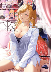 1girl alternate_costume blonde_hair breast_tattoo breasts character_doll closed_eyes collared_shirt demon_girl demon_horns demon_wings doll highres himemori_luna hololive horns large_breasts long_hair looking_at_viewer minato_aqua murasaki_shion nakiri_ayame oozora_subaru open_mouth pointy_ears shirt shishiro_botan solo suzuki_(white-world) takane_lui tattoo todoroki_hajime virtual_youtuber white_shirt wings