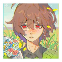 1other antenna_hair black_shirt blue_flower blue_sky blush border bouquet brown_hair chromatic_aberration cloud collared_shirt commentary_request day deltarune double-parted_bangs flower grass green_sweater hair_between_eyes holding holding_bouquet kris_(deltarune) looking_to_the_side no_pupils other_focus outdoors parted_lips portrait red_eyes red_flower red_rose rose se_(hanahide) shirt short_hair sky solo straight-on sweater white_border white_flower wind yellow_petals