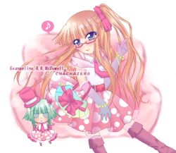 00s 2girls blue_eyes blunt_bangs blush boots chachazero eimu elbow_gloves evangeline_a.k._mcdowell full_body glasses gloves head_tilt knee_boots mahou_sensei_negima! multiple_girls musical_note orange_hair pink_skirt polka_dot polka_dot_skirt purple_gloves quaver red-framed_eyewear semi-rimless_eyewear simple_background skirt speech_bubble spoken_musical_note under-rim_eyewear vampire white_background