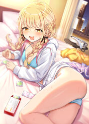 Rule 34 | 1girl, amagasa ikuta, ass, bed sheet, bikini, blonde hair, blue bikini, blush, braid, breasts, cleavage, commentary request, condom, condom box, condom wrapper, fang, fujita kotone, gakuen idolmaster, highres, hood, hood down, hooded jacket, idolmaster, indoors, jacket, long hair, long sleeves, looking at viewer, low twin braids, navel, on bed, open mouth, partially unzipped, shirt, skin fang, skirt, small breasts, smile, solo, steaming body, sweat, swimsuit, thighs, twin braids, unworn shirt, unworn skirt, white jacket, yellow eyes, yellow shirt
