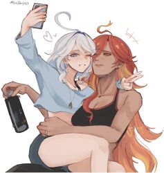 2girls ahoge bare_shoulders black_pants black_tank_top blue_eyes blue_hair blue_shirt blush breasts cleavage collarbone commentary cropped_shirt dark-skinned_female dark_skin earrings english_commentary eni_(enidaisy69) feet_out_of_frame furina_(genshin_impact) genshin_impact grey_shorts hair_between_eyes hashtag-only_commentary heart highres holding holding_phone jewelry large_breasts long_hair looking_at_phone mavuika_(genshin_impact) medium_hair multicolored_hair multiple_girls necklace one_eye_closed orange_hair pants parted_lips phone red_eyes red_hair ring salute selfie shirt shorts simple_background sitting sitting_on_person smile sweat tank_top teeth twitter_username two-finger_salute two-tone_hair upper_body very_long_hair white_background white_hair