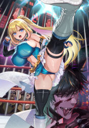 1girl 6+boys alicia_arclight animal_ears ass black_hair black_mask black_thighhighs blonde_hair blood blood_on_face blue_eyes boots breasts cameltoe character_request cheering clenched_hands clothing_cutout colored_inner_hair cover cover_page covered_erect_nipples detached_sleeves dog_ears dress fingerless_gloves from_below gauntlets gloves goetia_shock high_kick high_ponytail highres huge_breasts impossible_clothes impossible_dress iron_bars kicking knee_boots long_hair mole mole_on_thigh multicolored_hair multiple_boys navel novel_cover official_art ookuma_nekosuke open_mouth partially_visible_vulva pink_hair ponytail red_eyes screen second-party_source sharp_teeth shoe_soles short_dress short_hair sleeveless sleeveless_dress spotlight spread_legs standing standing_on_one_leg stomach_cutout streaked_hair teeth thighhighs tongue tongue_out v-shaped_eyebrows very_long_hair wide_spread_legs wrestling_outfit wrestling_ring